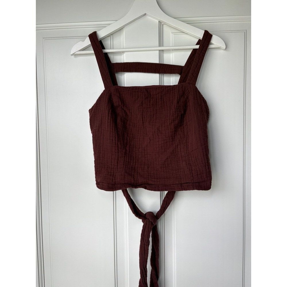 Anthropologie Cotton Gauze Tie Back Crop Top Small Brown Square Neck Tank